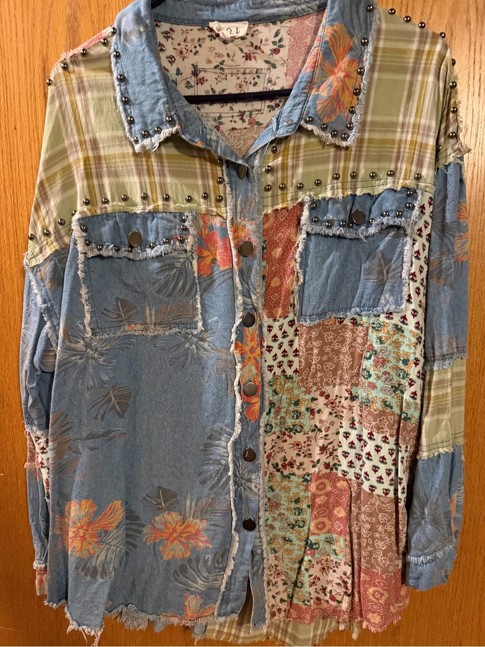 POL Patchwork Floral & Plaid Button-Front Shirt in Blue, Green, Tan